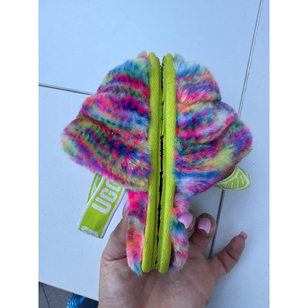 Ugg Kids Girls Fluff Yeah Tie‎ Dye Colorful Slingback Sandal Slippers Size 9